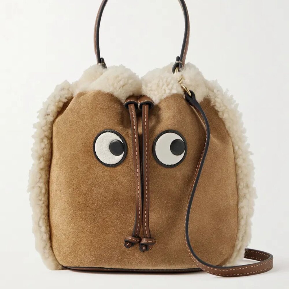 ANYA HINDMARCH Eyes Shearling Suede Bucket Shoulder Drawstring Crossbody Bag